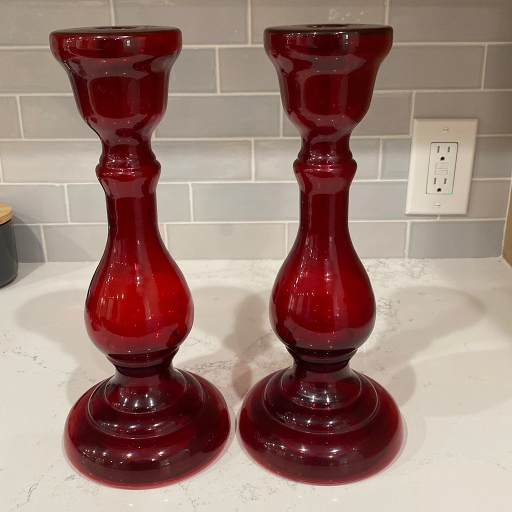 Red Glass Candle Holder Pair
